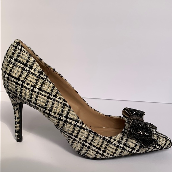 Elegant Tweed Bow Black & White Heels - Picture 14 of 15